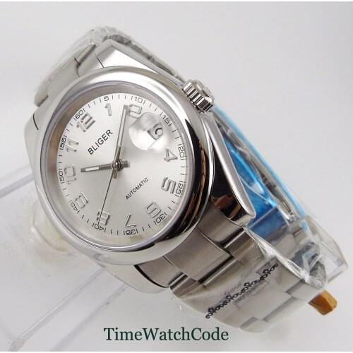 39mm Genuine Miyota 8215 Automatic Mens Watch Sapphire Glass Date Silver Dial Oyster Bracelet Luminous Hands Polished Bliger