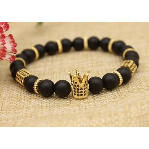 8mm ji gold Crown Matte agate elastic adjusted zircon cubic zirconia Bracelet Stone bead essential oils diffuser