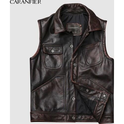 CARANFIER Fashion Jacket Retro Mens Cowhide Vests Brand Angel Motorcycle Biker Sleeveless Jacket Male Genuine Leather Vests 4XL