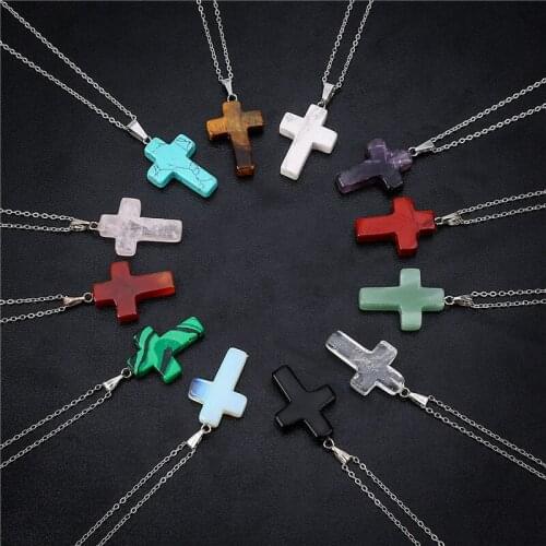 Metal Chain Choker Necklace Rose Purple Tiger Eye Opal Real Natural Quartz Stone Cross Drop Pendant Necklaces For 2018