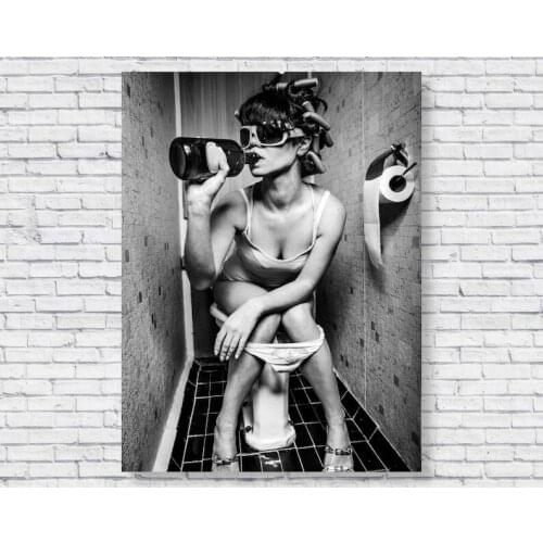 Home Decor Canves Painting Print Bathroom Drink Black and White Funny Woman Drinking on the Toilet Humor Restroom Unique Moder
