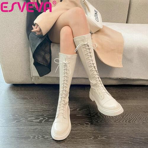 ESVEVA 2022 Western Style Lace Up Genuine Leather Knee High Boots Women Shoes Winter Size 34-39