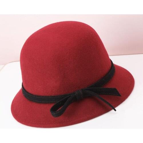 Girls Fedoras Wool Hat Vintage Bowler Wool Elegant Bow Bonnet Cap Fishermans Hat Version Autumn Winter Fedoras Cap B-8932