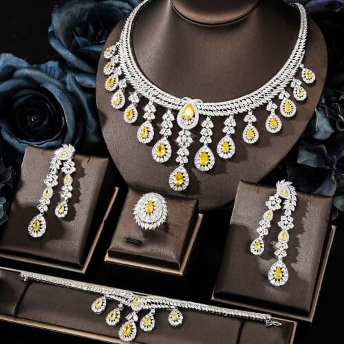 KellyBola Luxury Bridal Wedding High Quality Zircon Necklace Bracelet Earring Ring 4PCS Dubai African Female Noble Jewelry Set