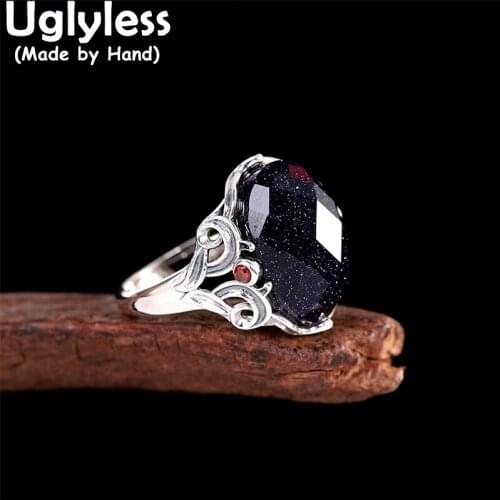 Uglyless Noble Blue Sand stones Rings for Women Faceted Semi-precious Gemstones Jewelry Hollow 925 Sterling Silver Rings Retro