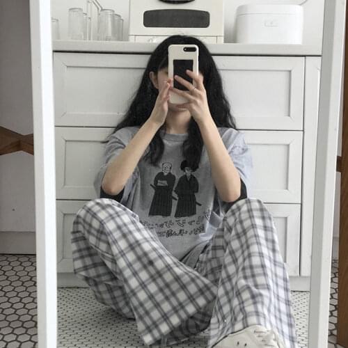 Anime Sleep Top and Plaid Bottom 2 Piece Pajamas Set Women Spring Summer 2021 Pyjamas Short Sleeve Pijamas Gray Sleepwear