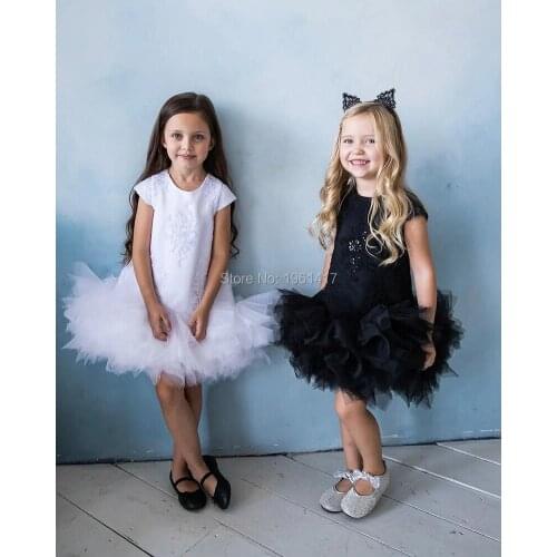 Cute White/Black Satin Baby Girls Dresses for Party Knee Length Children Kids Clothes Birthday Lace Dresses