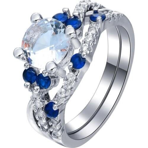 Fashion Wedding finger Rings For Woman new cross design micro paved blue Clear cz Engagement Rings sets Beautiful Party Jewelry