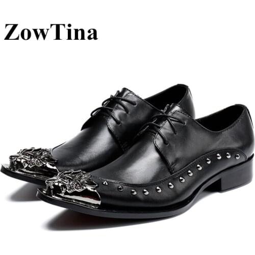 New Fashion Men Metal Pointed Toe Oxford Shoes Black Genuine Leather Formal Business Flats Lace Up Rivets Zapatillas Hombre Flat