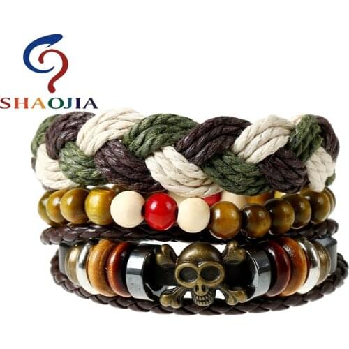 SHAOJIA 1 Set 3 Pcs Skeleton Bracelet Men Leather Skull Wrap Bracelets Rock Punk Skeleton Charm Bracelet Casual Women Jewelry
