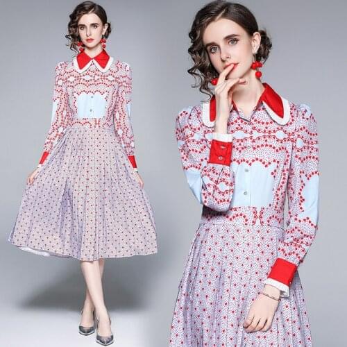 Autumn Women Long Sleeve Peter Pan Collar Buttons Pleated Party Vestidos Elegant Cute Red Heart-Shaped Dot Print Dress 5909