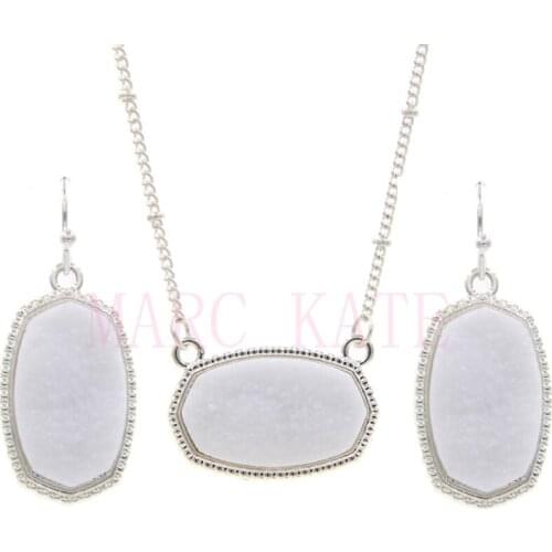 Oval Resin Druzy Drusy Pendant Necklace With Matching Hexagon Druse Charms Drop Earrings Fashion Jewelry Set Gift
