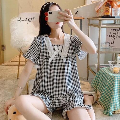 Pajama Sets Women Homewear Cotton Plaid Lace Bowknot Short Patchwork Kawaii Womens Cute Lolita Style 2 Piece Sets Pajamas Suit