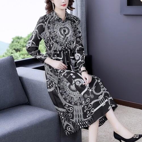 2021 Spring Autumn Print Silk Shirt Dresses Vintage Casual Office 5XL Plus Size Midi Dress Elegant Bodycon Women Party Vestidos