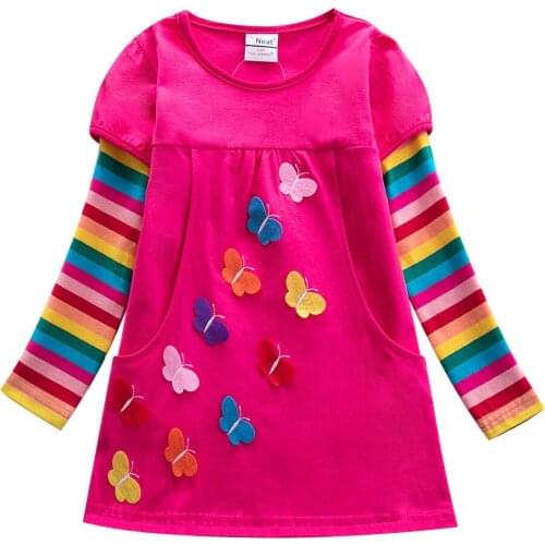 Girls Long Sleeve Butterfly Dress Autumn New Embroidered Cotton Kids Dress Casual Round Neck Dress 3-8 Years