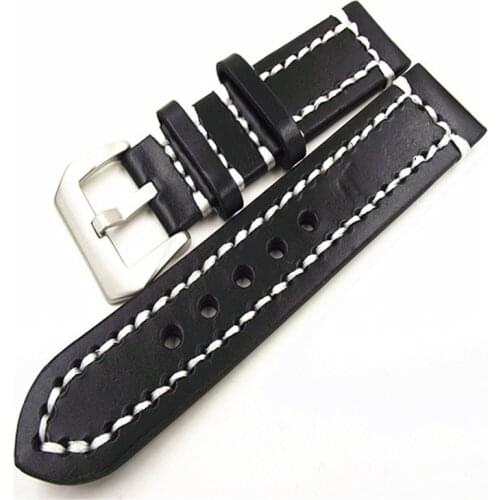 New 1PCS 20MM 22MM 24MM Genuine Cow Leather Handmade Watch Band Black Watch Strap