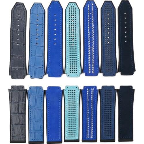 Blue leather strap sports waterproof rubber strap female 19mmx25mm watch accessories for HUBLOT big bang bracelet men watch band