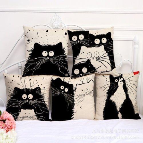 Linen Cotton Blend Cushion Cover Cartoon Cat Home Office Sofa Square Pillow Case Decorative Cushion Covers Pillowcases