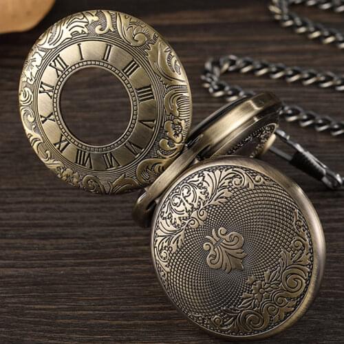 Vintage Double-sided Hollow Hand Wind Retro Mechanical Pocket Watch Necklace Engraved Romans Steampunk Fob Watch Men Gift Box