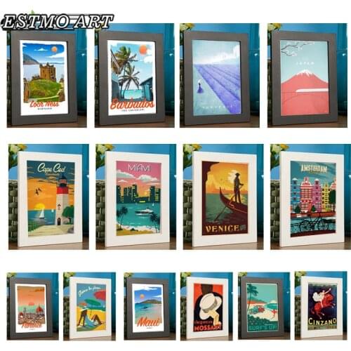 Vintage Travel Poster with Frame New York France Morocco Paris Amsterdam London Landscape Wall Art Canvas Painting Print Picture
