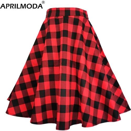 Yellow Red Plaid High Waist Midi Skirts Checkered Plus Size Womens Vintage Jurken Skater Skirts Big Swing Pinup Cotton Skirt