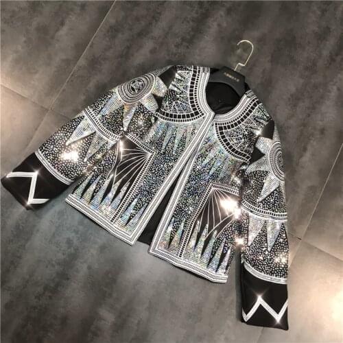 Women Shiny Jacket 2020 Silver Sequins Geometric Bomber Jackets O Neck Nationality Embroid Coat Casual Outerwear Female Clothing