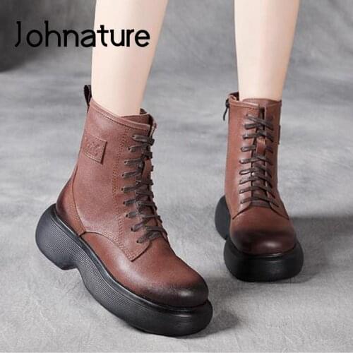 Johnature Women Shoes Platform Boots Genuine Leather Zip Round Toe 2021 New Autumn Winter Handmade Concise Lace-up Ladies Boots