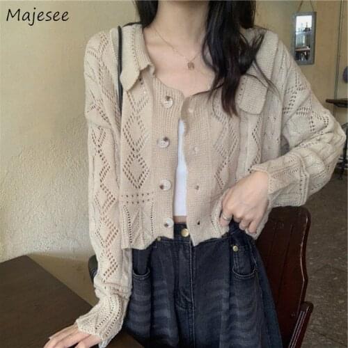 Cardigan Women Solid Color Hollow Out Sweet Turn-down Collar Long Sleeve Vintage Spring Autumn Korean Style Knitted Casual Girls
