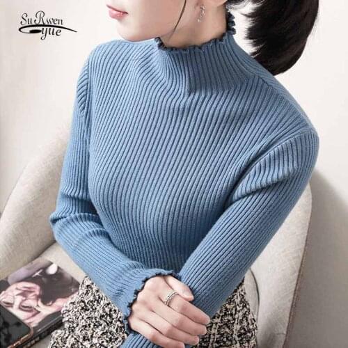 Casual Solid Knitted Jumper Ruched Slim Half Turtleneck Sweaters Women Female Long Sleeve Bottoming Sweaters Pull Femme 12272