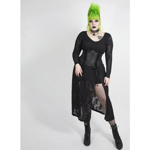 PUNKRAVE Womens Punk Style Snake Scale Black Flower Long Dress Plus Size 5XL V-neck Split Hem Long Sleeve Dresses