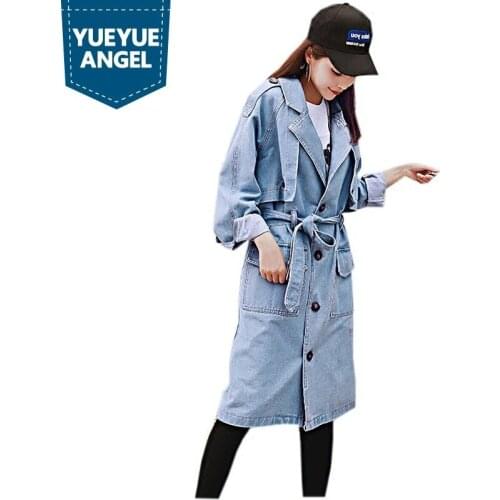 Korean Style Womens Turn Down Collar Jeans Long Coat Single Breasted New Fashion Bowknot Pockets Slim Fit Female Trench Outwear