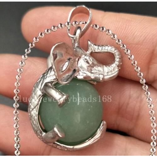 Free Shipping Women Fashion Jewelry Aventurine Ball Elephant Art Necklace With Chain 1pcs C5553n