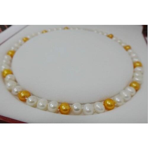 18" 9-10MM White Mix Gold color Shell Pearl Necklace