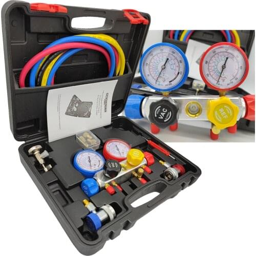 4 Way AC Manifold Gauge Set R410A R22 R134A HVAC Diagnostic Charging Tool Quick Adapter w/Hose Set + Carrying Case for car use