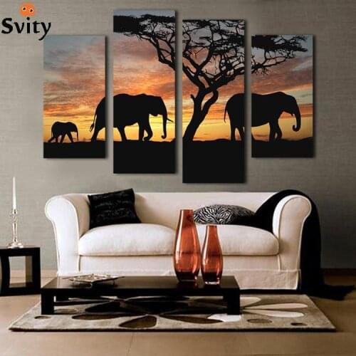 5 Ppcs Sunset Elephant Painting Canvas Wall Art Picture Home Decoration Living Room Canvas Print Modern Painting--Large Canvas