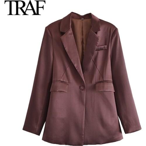 TRAF Za Women Clothing Fashion Satin Casual Suit Coat One Button Fitted Blazers Vintage Long Sleeve Pockets Female Outerwear