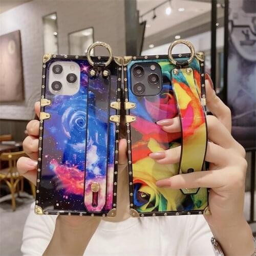 Wristband Square Phone Case For iPhone 12 Pro Max 11 XS MAX XR 7 8 Plus SE Luxury glitter Flowers cover For Samsung S21 S20 A21S