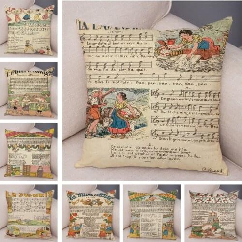 European Vintage Poster Pillowcase Decor Cartoon Children Music Staves Pillow Case 45x45 Plush Cushion Cover for Sofa Home Chair