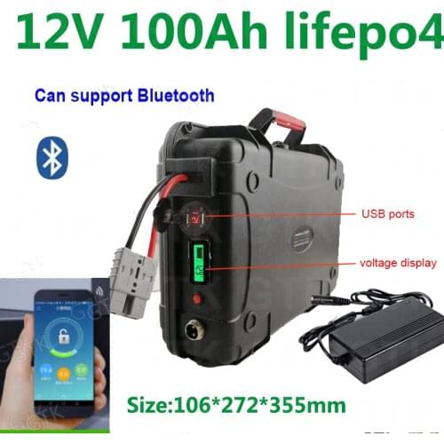 GTK waterproof 12V 100AH Lifepo4 lithium battery bluetooth BMS APP 12.8V USB for inverter Power Supply Tricycle +10A Charger