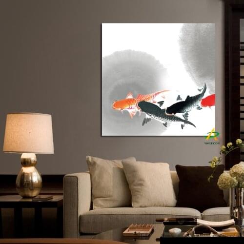 YWDECOR Big size Wall Art Picture Traditional Chinese Calligraphy Painting Koi Fish Lotus Canvas Prints For Living Room Decor