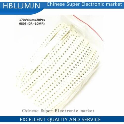 3400pcs Resistor Kit Pack 0.125W 170Valuesx20Pcs 0805 SMD Resistor Kit (0R~10MR) 1/8W 5