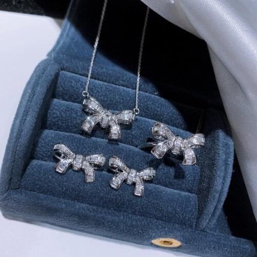 Charm Bowknot Lab Diamond Jewelry set 925 Sterling Silver Promise Party Wedding Rings Earrings Necklace For Women Bridal Jewelry