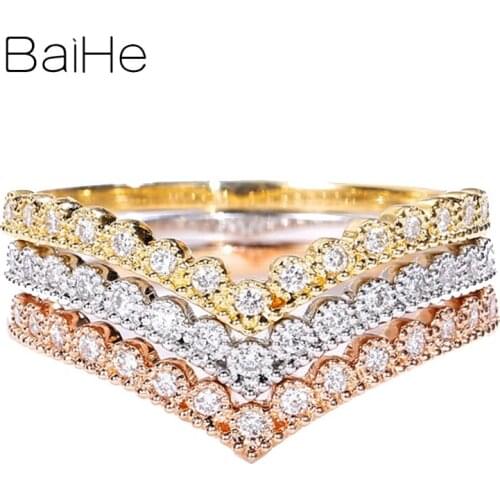 BAIHE Solid 14K Rose Gold About 0.07ct H/SI Round Natural Diamonds Engagement Fine Jewelry Beautiful V Diamond Ring