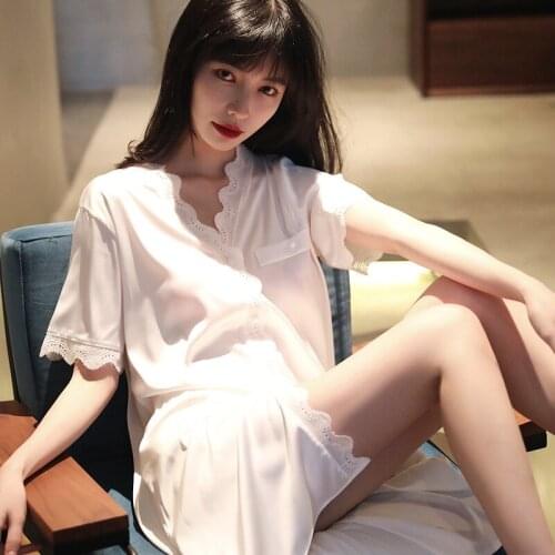 Summer Satin Nightgown Sexy Lace Sleepshirt Women Lace Nightdress Short Sleeve Nightwear Casual Loungewear NightShirt Home Wear
