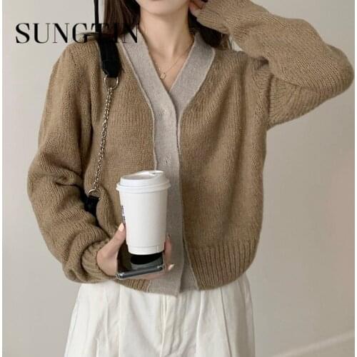 Sungtin Fashion V Neck Loose Knitted Cardigans Women Lazy Style Casual Sweaters Coat Female Elegant Sweet Outwear 2021 Autumn