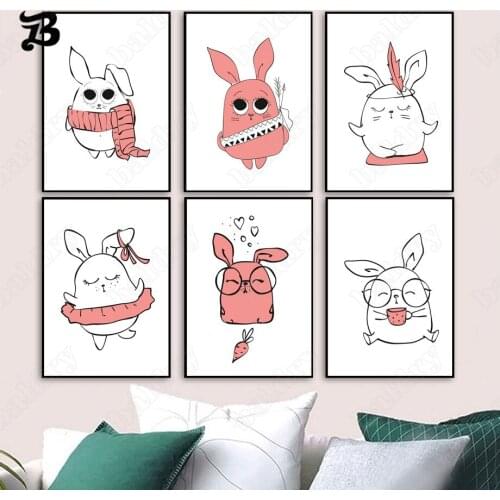 Cartoon Pink Rabbit Bunny Posters and Prints Wall Art Canvas Painting Wall Pictures for Kids Bedroom Baby Boy Girl Room Decor