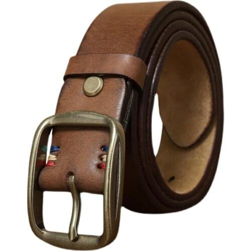 Thicken copper buckle mens leather pin needle buckle top pure cow leather hand-made retro full grain genuine leather belt