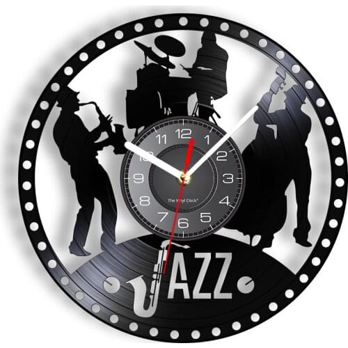 Jazz Music Vintage Laser Cut Wall Clock Made Of Real VInyl Record Saxphone Cello Jazz Band Performing Retro Wall Decor Watch