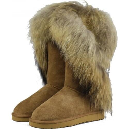 New Fashion Natural Fox Fur Snow Boots Women Warm Non-slip Winter Long Boots Genuine Cow Leather Winter Boots High Shoes