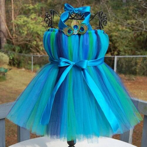 Fluffy Peacock Feathers Tutu Dress for Girls Knee Length Christmas Dress Halloween Costume for Kids Baby Photography Clothes